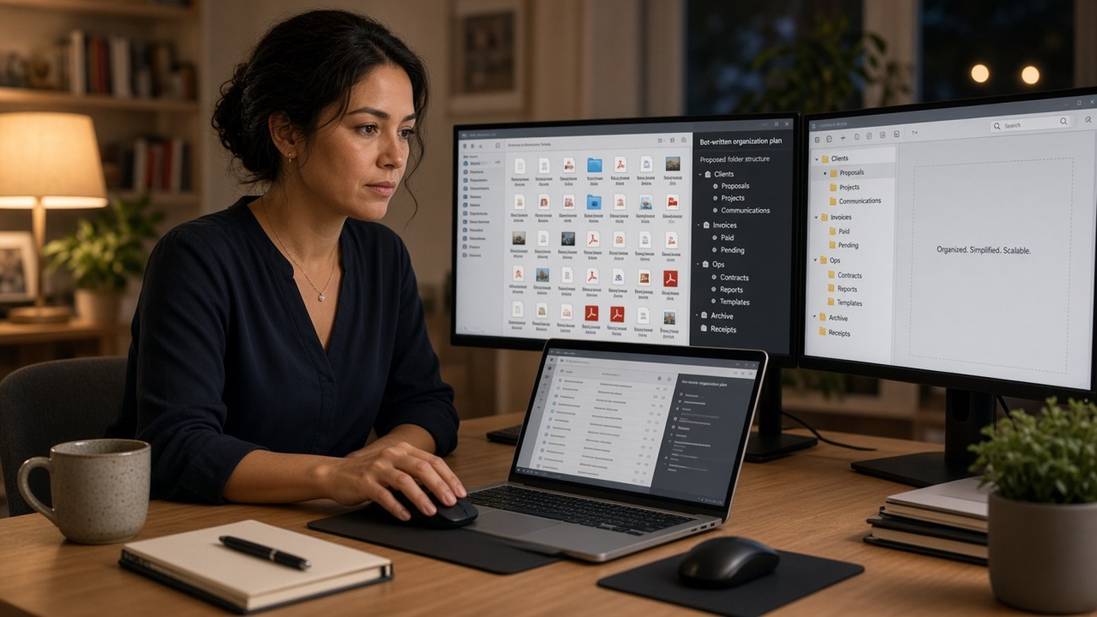 Small-business owner at a home desk comparing a messy Downloads folder to a clean Bot-organized folder tree on dual monitors.
