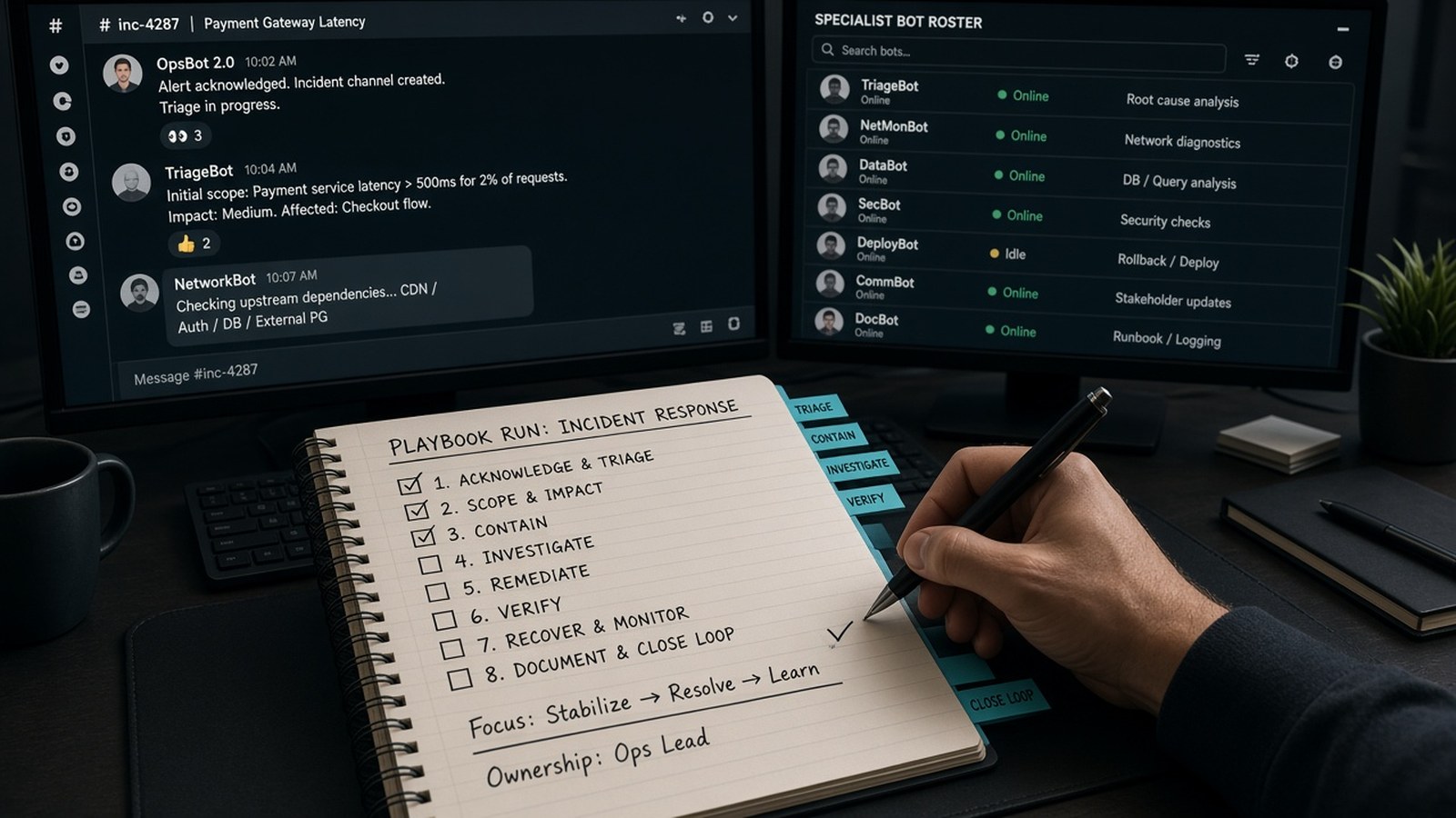 Hands checking playbook beside bot-chat monitors