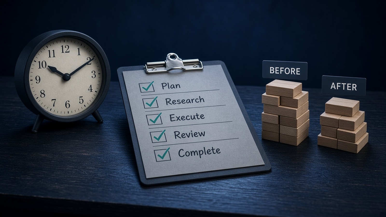 Clock, checklist card, and before-after effort bars without percentages