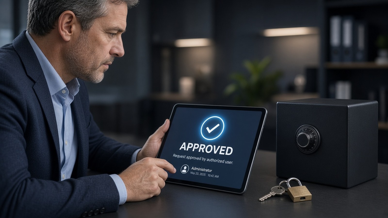 Man with APPROVED tablet next to vault/keys/padlock