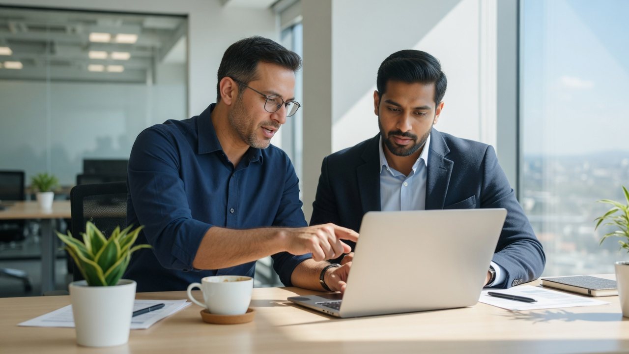Two colleagues reviewing a laptop
