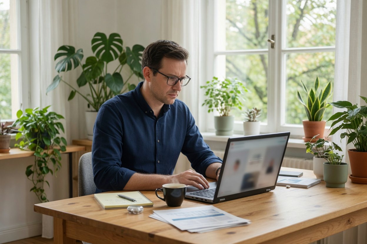 Person writing at a laptop in a bright office