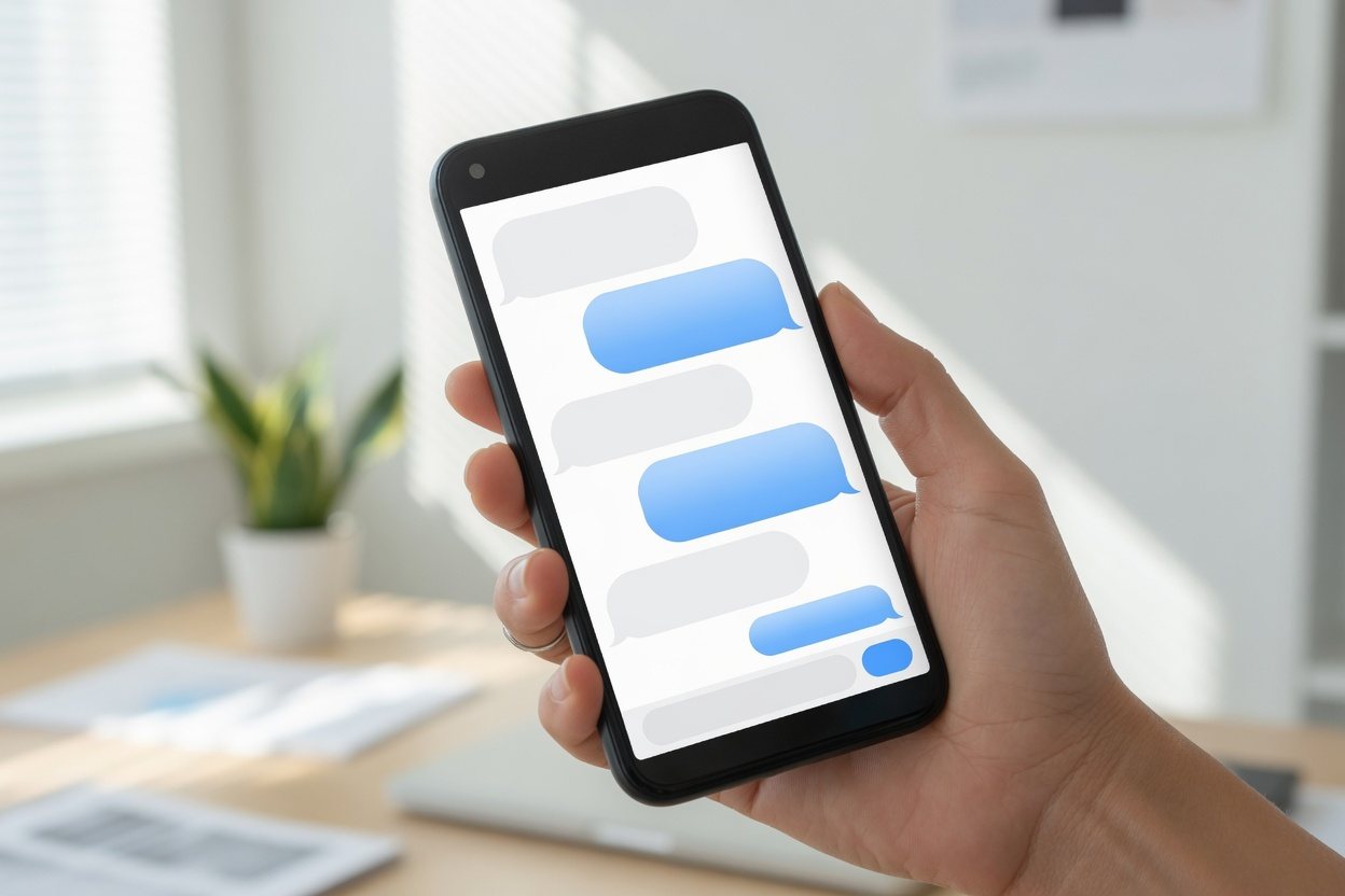 Hand holding a phone with a simple chat screen